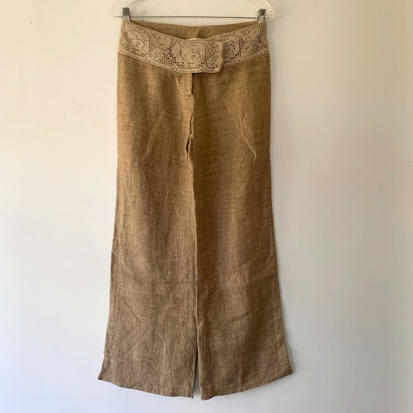 Kookai Pants - KOOKAI France Natural Linen Palazzo Pants Lace Waistband Small FR 36